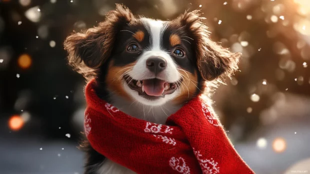 Close up of a happy puppy with a red scarf in a holiday forest scene.