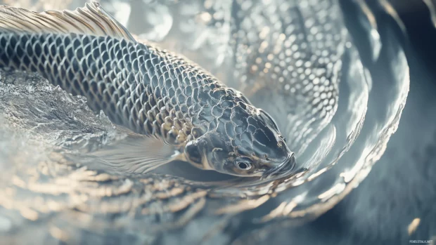 Close up of a koi fish with intricate scale patterns, swimming calmly in clear, still water, creating soft reflections of its colors.