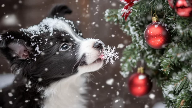 Close up of a puppy licking snowflakes under a decorated holiday arch.