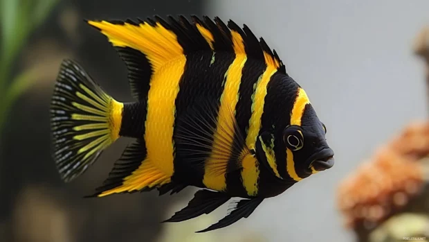 Close up of a regal angelfish with striking black and yellow stripes, swimming gracefully in crystal clear water against a backdrop of coral.