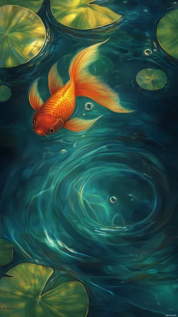 Close up of a shimmering goldfish swimming in a calm pond, surrounded by floating lily pads and subtle water ripples.