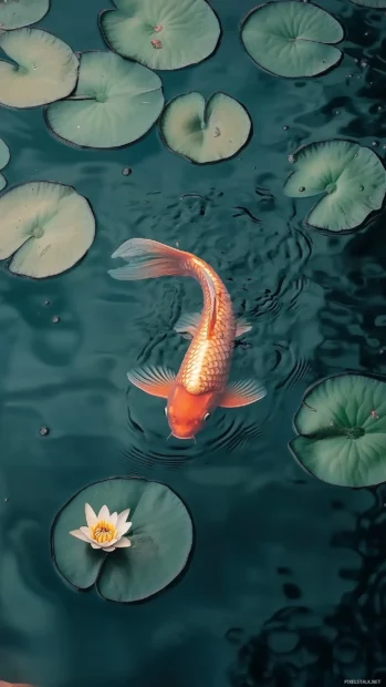 Close up of a shimmering goldfish swimming in a calm pond, surrounded by floating lily pads and subtle water ripples.