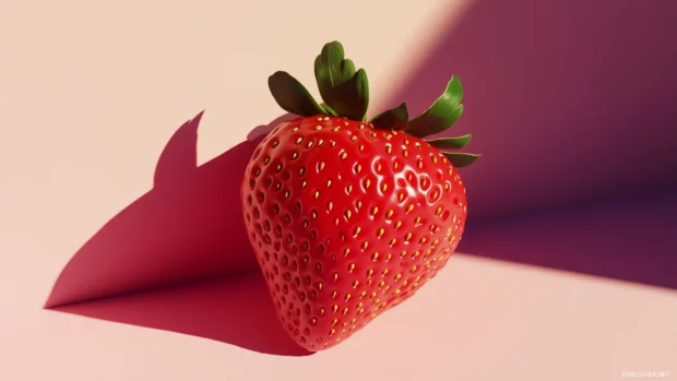 Close up of a single large strawberry with seeds clearly visible on a plain white background, minimalist aesthetic with soft shadows.