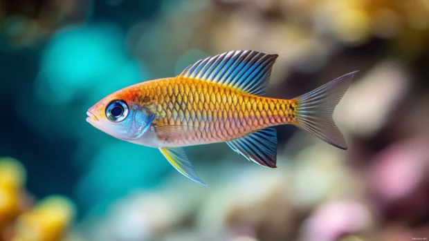 Close up of a vibrant tropical fish swimming gracefully in clear turquoise water, capturing the intricate scales and fins in high detail.