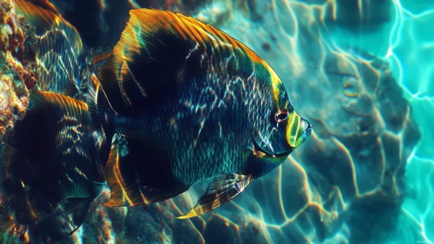 Close up of a vibrant tropical fish swimming gracefully in clear turquoise water, capturing the intricate scales and fins in high detail.