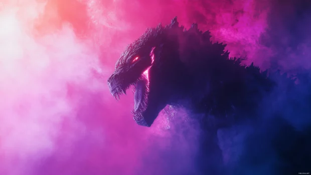 Close up of atomic Godzilla in a cool wallpaper with mist and neon glow.