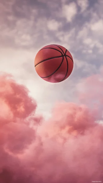 Close up of basketball spinning mid air in a haze of pink clouds.