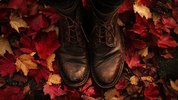 Close up of boots crunching over red and gold leaves.