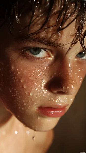 Close up of boy face wet with rain, droplets shining under soft light.