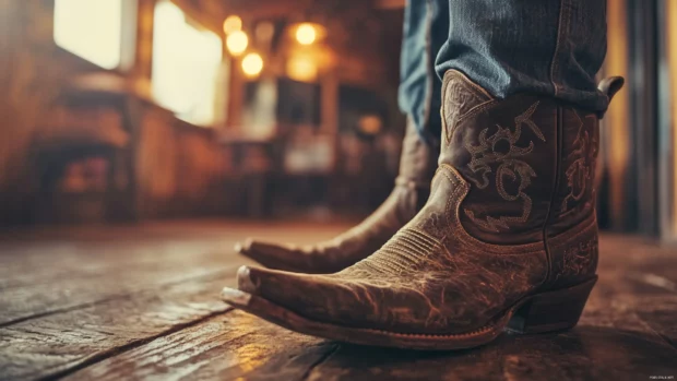 Close up of cowboy boots in dusty saloon entrance.