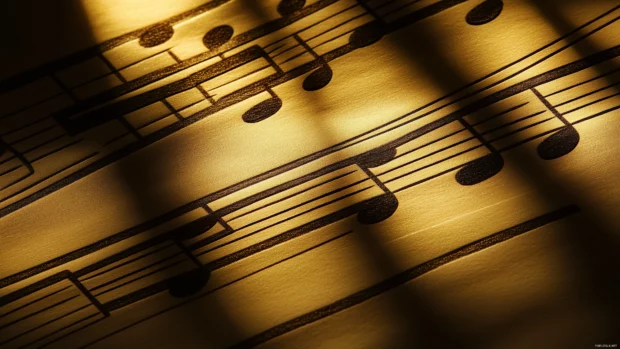 Close up of musical staff and music notes lit by sunlight through a window with soft shadows.