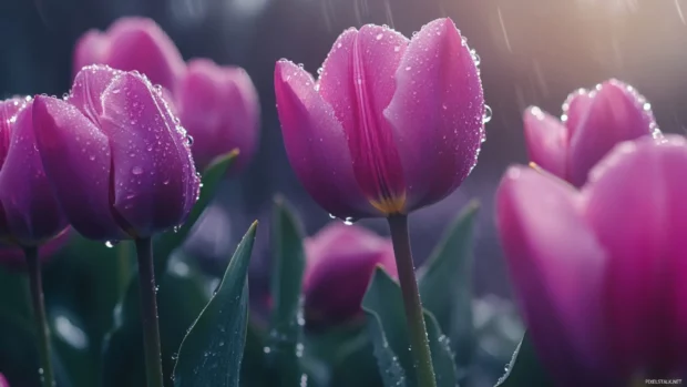 Close up of raindrops on blooming purple tulips, used in trendy Purple Floral PC Wallpapers.