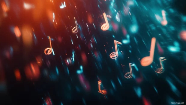 Close up of vibrant music notes glowing and floating in dark background with dynamic motion.