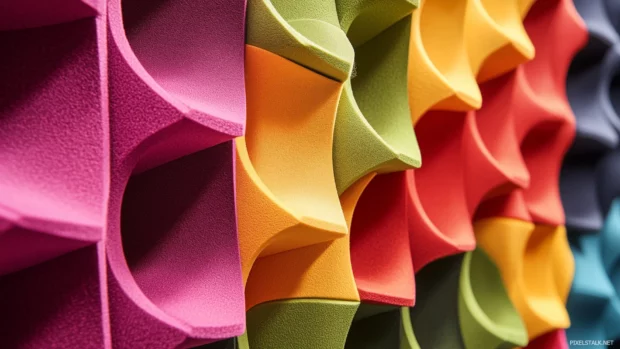 Close up of vibrant soundproof foam panels on studio wall capturing music production energy.