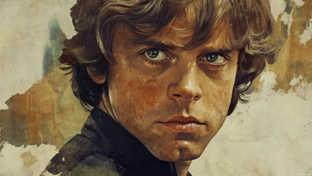 Close up portrait of Luke Skywalker in a painterly style with vintage tones, a fan favorite in high resolution PC wallpapers.