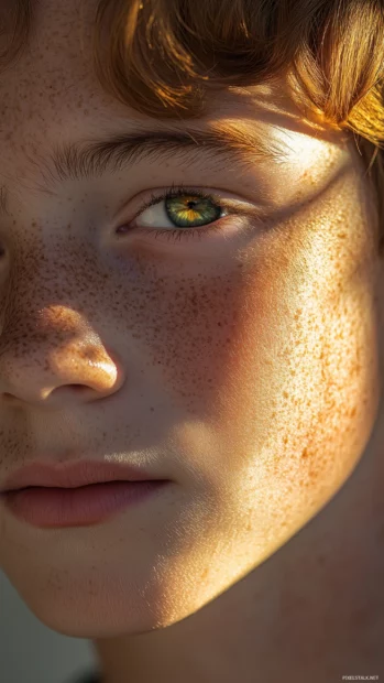 Close up portrait of boy with freckles, bright green eyes, smirk, sunlight softly highlighting.