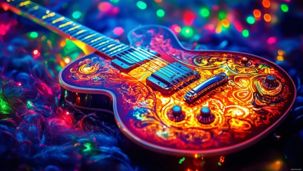 Close up stylish electric guitar, intricate designs, textured surface, colorful lights reflect, modern music vibe.