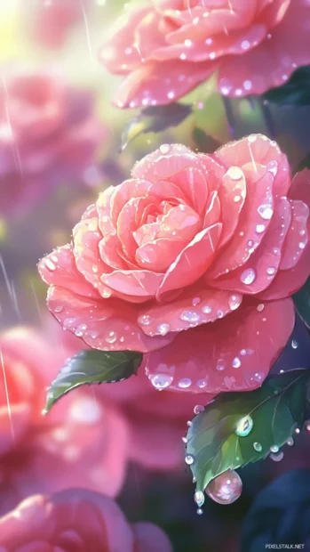 Closeup of Pretty Roses with raindrops.