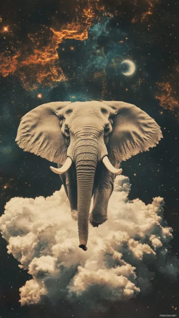 Cloud elephant rising from minimalist cosmic mural.
