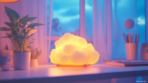 Cloud shaped lamp glowing gently on a girly desk.