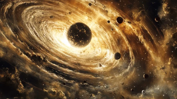 Clouds of cosmic gas swirl around the astronaut as planets align.