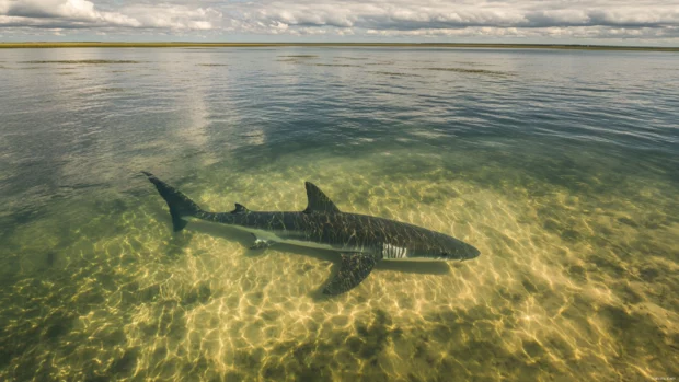 Cloudy sky above shadow of great white shark in shallow waters.
