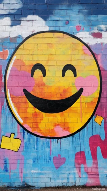 Cloudy smiley face painted above dreamy tags in aesthetic mural.