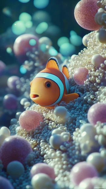 Clownfish close up striking, vibrant sea anemones nestled, intricate textures colors coral reef habitat.