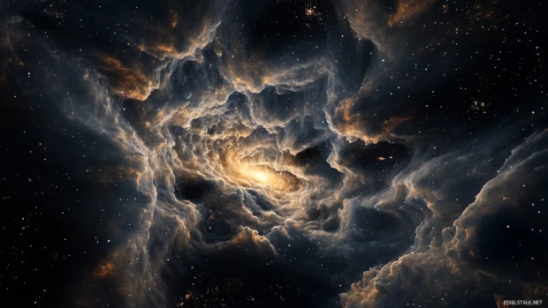 Clusters of stars swirling around nebula clouds.