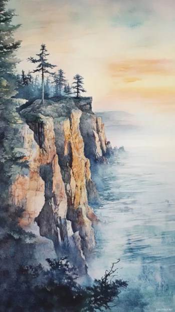 Coastal cliffs wrapped in morning watercolor fog, Clean and Elegant style.