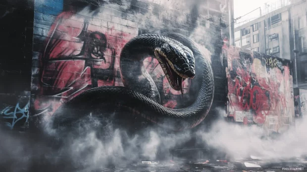 Cobra rising through soft urban fog filled with graffiti letters.