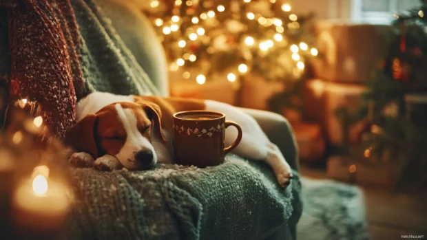 Cocoa mug beside a resting puppy on a cozy armchair during a snowy Christmas night.