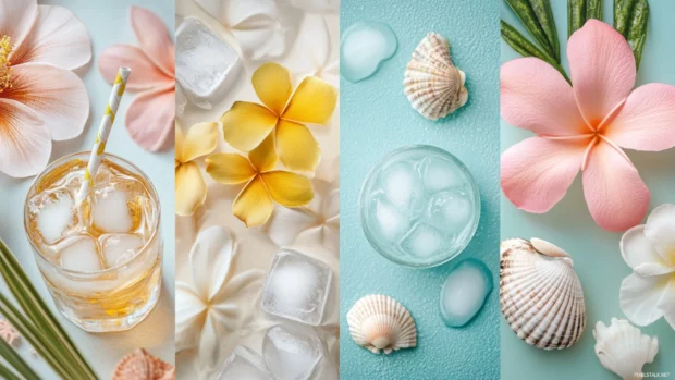 Collage of small aesthetic summer items like iced drinks, tropical flowers, and seashells on soft backgrounds.