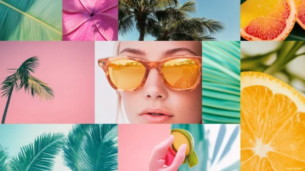 Collage of small summer aesthetic images featuring tropical aesthetic, palm leaves, summer quotes, and vibrant colors.