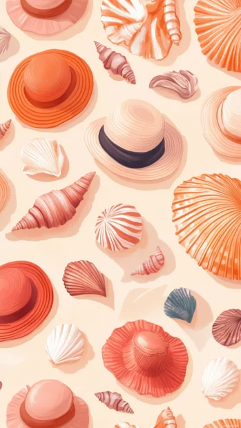 Collage of small sun hats and seashells in Preppy Summer Wallpapers, bringing a chic summer vibe.
