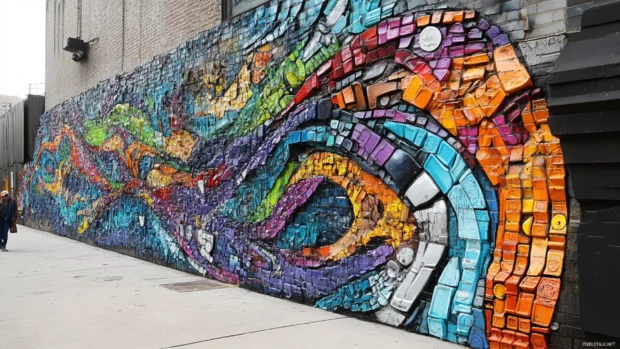 Color chaos around a subway token tag mural.