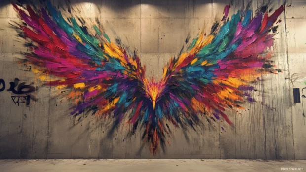 Color explosion forming phoenix wings in an expressive art graffiti wallpaper.