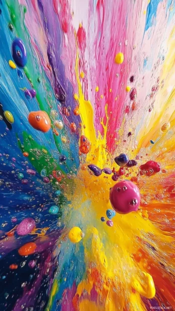 Color explosion with fluid paint textures and 3D illusions in a dreamy trippy theme.