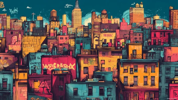 Color rich graffiti cityscape wallpapers with layered street text across rooftops.