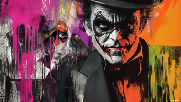Color splash portrait of Batmans rogues gallery behind him.
