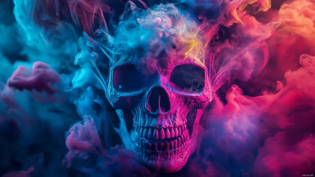 Color splash skull wallpaper 4K combining ink bursts and 3D contours.