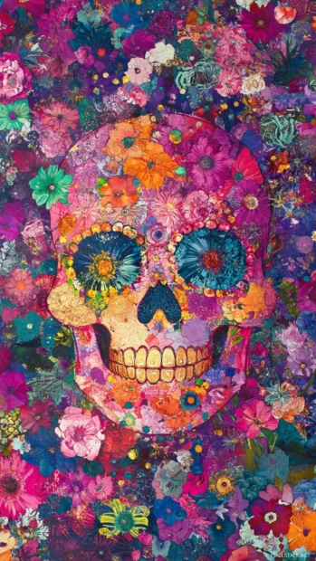 Color splashed Mexican skull wallpaper glowing in carnival hues.