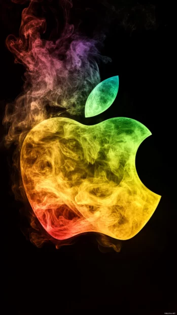 Colorful Apple logo emerging from rainbow smoke effects.