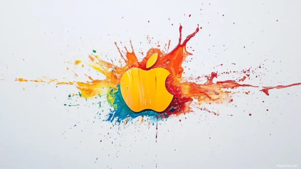Colorful Apple logo splashing paint on a clean white canvas, trending Apple artistic wallpaper.