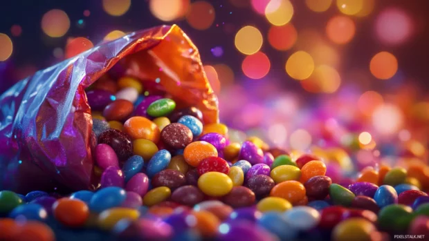 Colorful Halloween candy spilling from a bag, styled for Halloween PC Wallpapers.