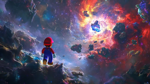 Colorful Mario Galaxy Wallpaper with Mario floating through zero gravity beside alien flora.