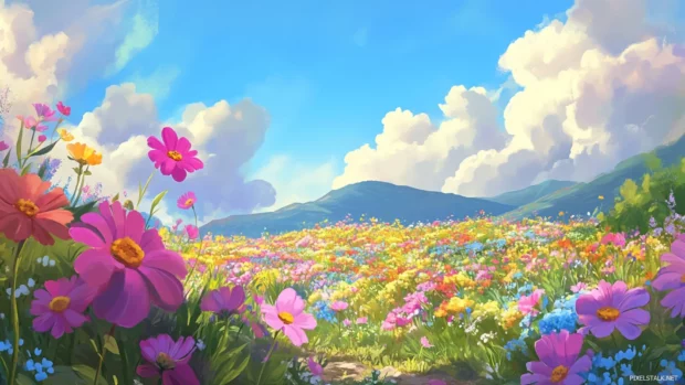 Colorful Moving Cartoons wallpaper featuring dancing flowers in a lively spring field.