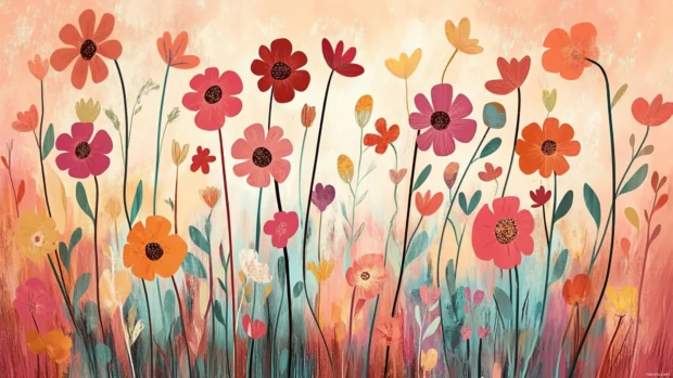 Colorful Pretty Flower field dancing in warm breeze inspired by Blooming flower wallpaper.