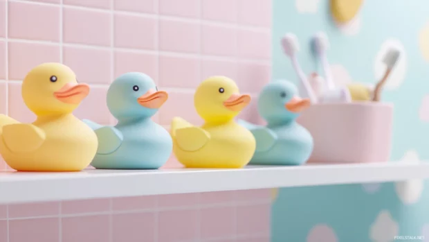 Colorful Rubber Duck wallpaper showing ducks lined up on a shelf in a pastel themed bathroom.