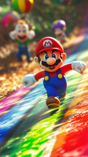 Colorful Super Mario iPhone Wallpapers with Luigi and Mario on Rainbow Road in action.